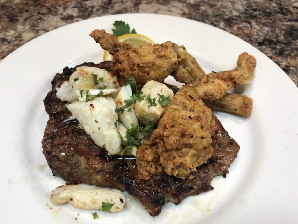 Steak and Frog legs add Colossal Lump Crabmeat